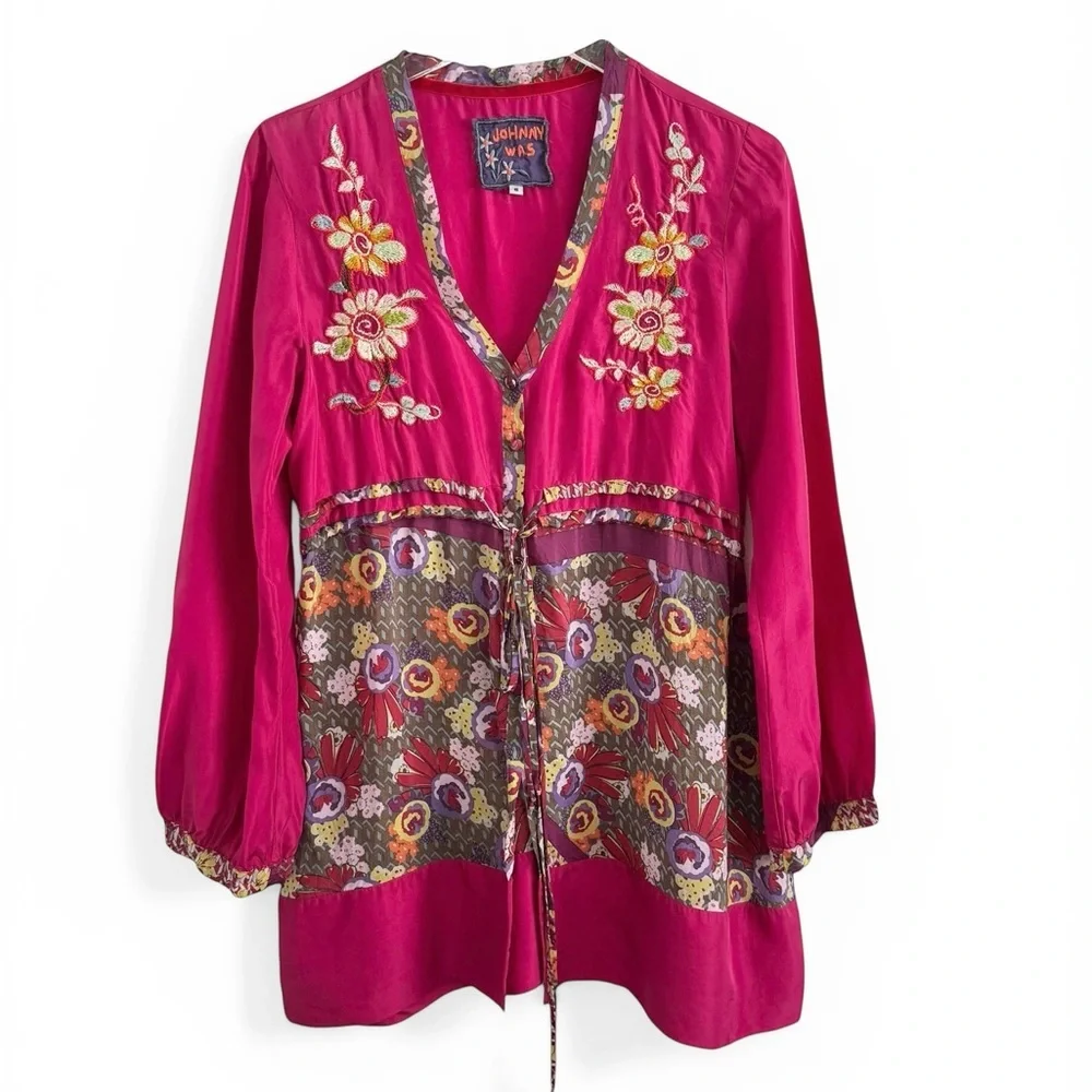 JOHNNY WAS PINK EMBROIDERED BOHO TUNIC TOP SZ S - Picture 5 of 9